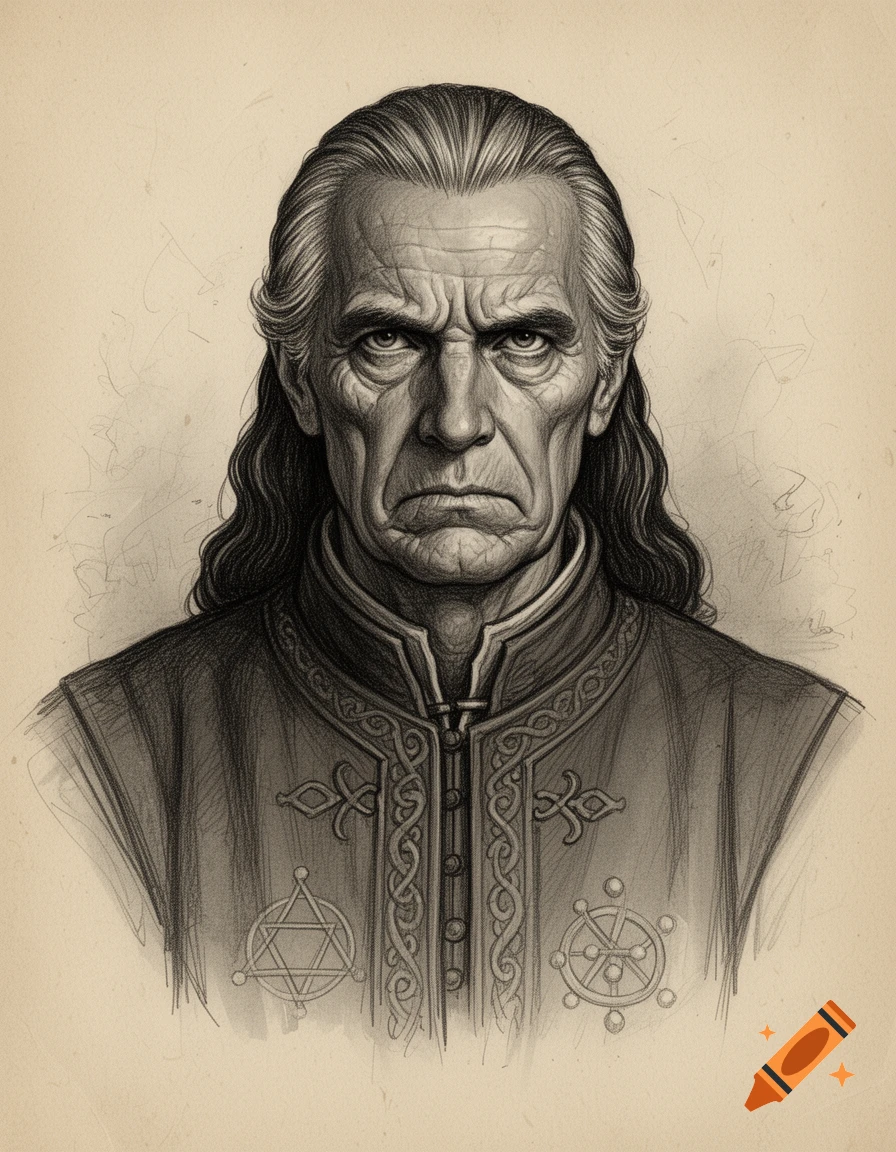 Pencil drawing of an older man with long, graying hair and a grim expression, wearing a patterned medieval tunic.