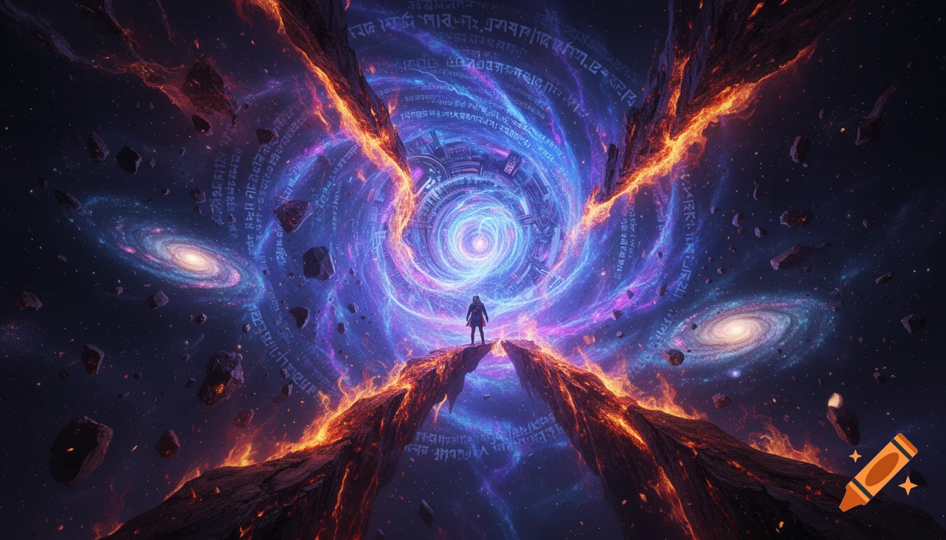 A lone figure stands on a fiery rock formation, silhouetted against a swirling cosmic vortex of blue and purple light, with galaxies and asteroids in a starry space.
