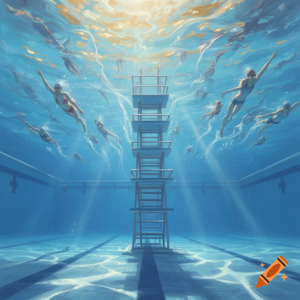 Surreal underwater scene of a swimming pool with a tall diving tower at the center and multiple swimmers floating around, with light rays from the surface.