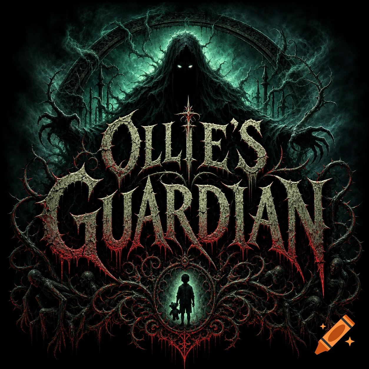 Horror logo for Ollie's Guardian with a dark hooded figure, thorny vines, and a small child holding a teddy bear.