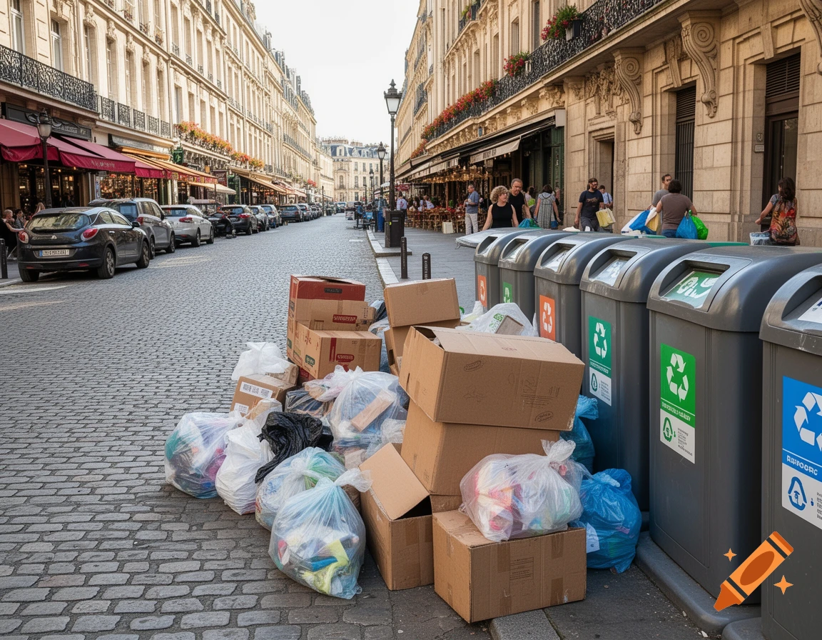 Photorealistic street scene with trash bags and cardboard boxes next to recycling bins on a cobblestone street in a European city.