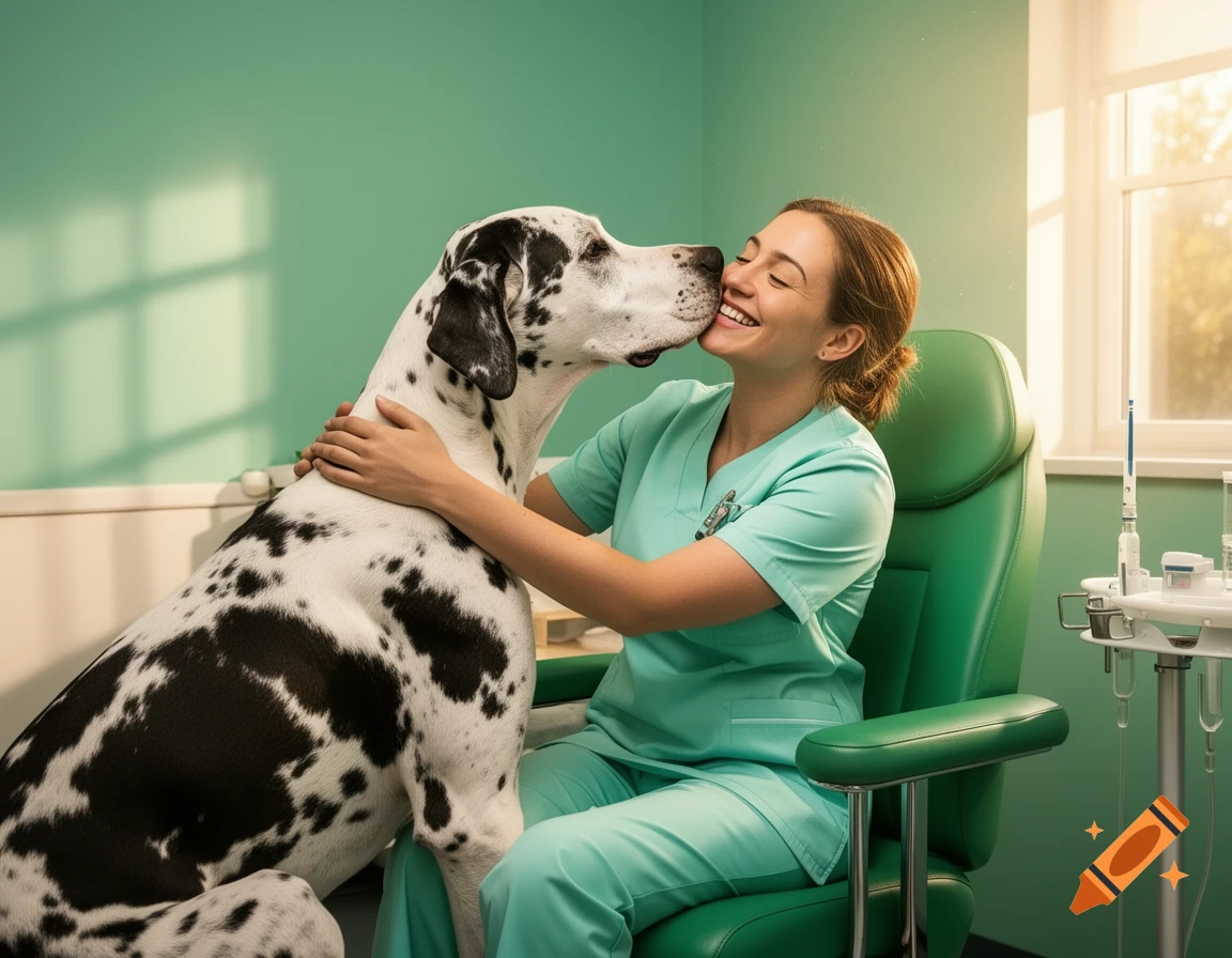 A smiling woman in medical scrubs hugs a large Harlequin Great Dane as it gently licks her face in a bright vet's office.
