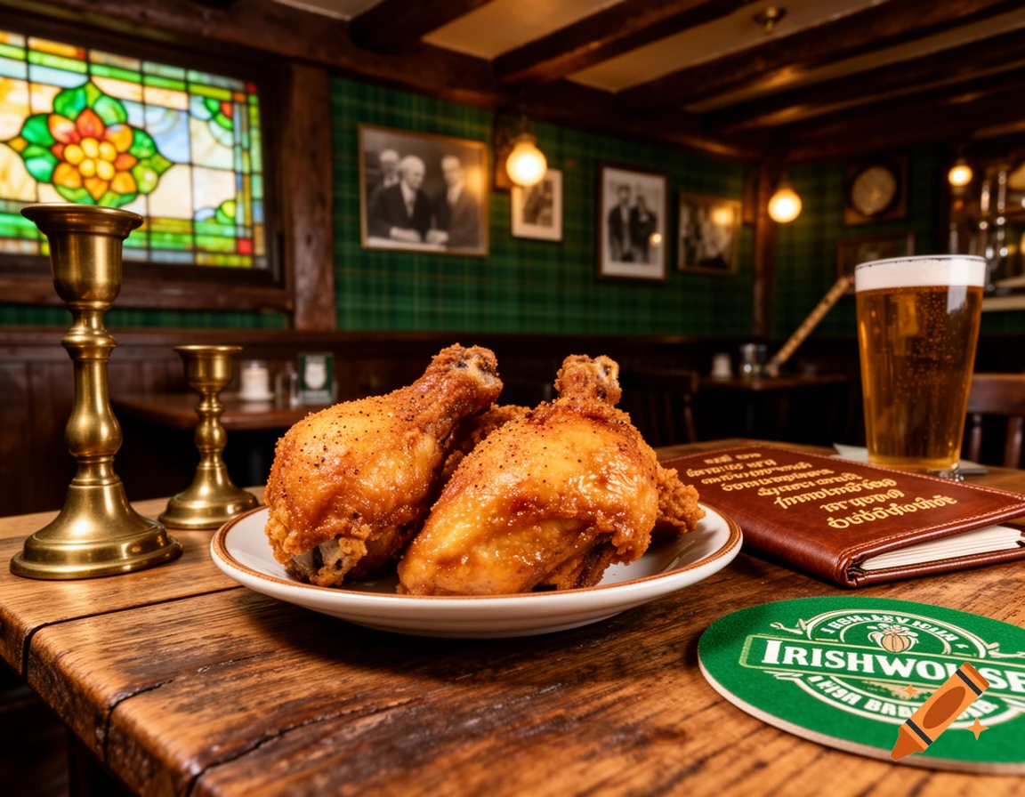 Close-up of crispy fried chicken on a white plate next to a pint of beer, menu, and coaster on a wooden table in an Irish pub. Photorealistic style.