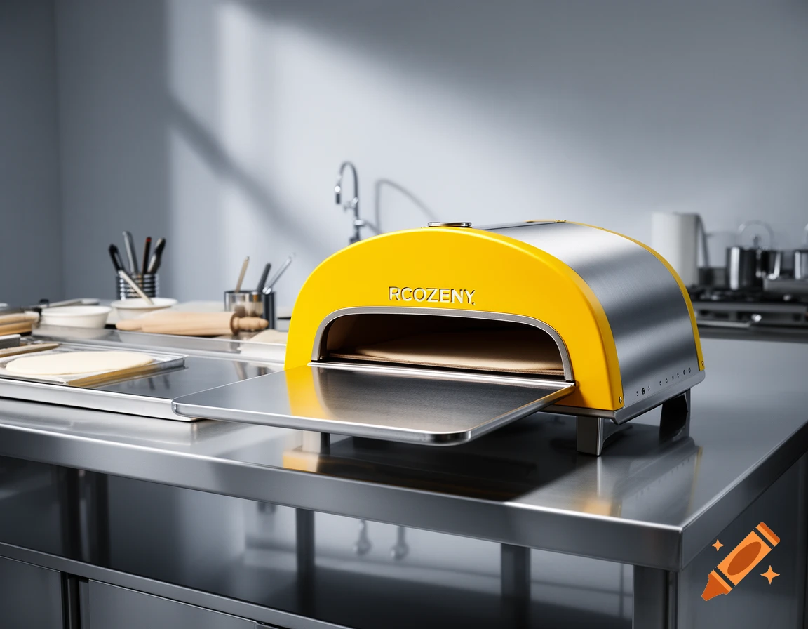 A bright yellow and silver pizza oven rests on a sleek stainless steel professional kitchen counter.
