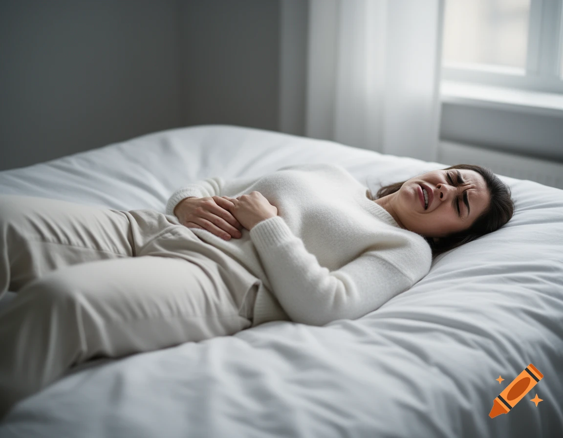 A woman in a white sweater lies on a bed, holding her stomach with a painful expression, in a realistic, cinematic style.