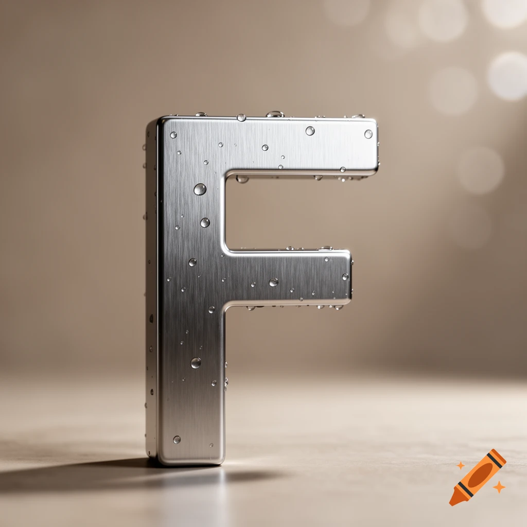 A detailed, photorealistic brushed metal letter 'F' covered in water droplets, on a soft brown background with bokeh lights.