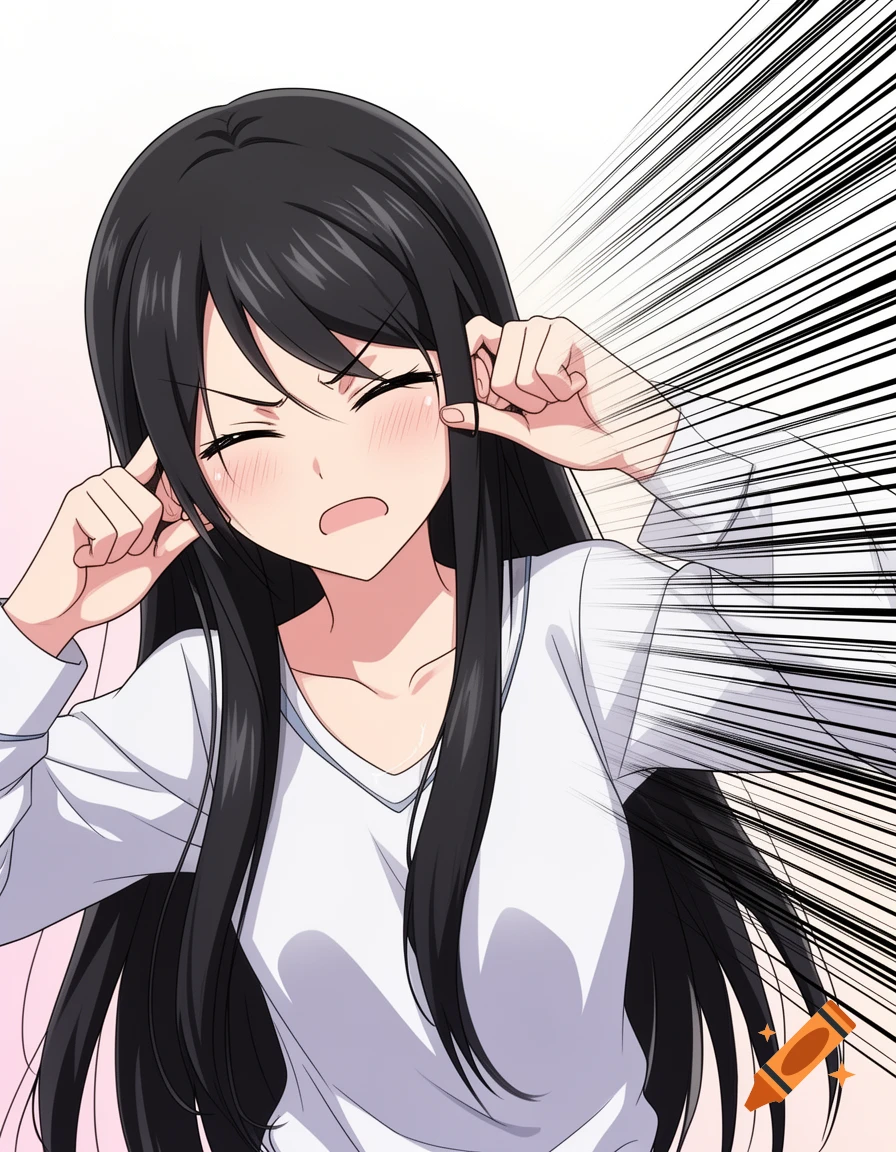 An annoyed anime girl with long black hair plugs her ears, with speed lines indicating noise, in a clean anime style.