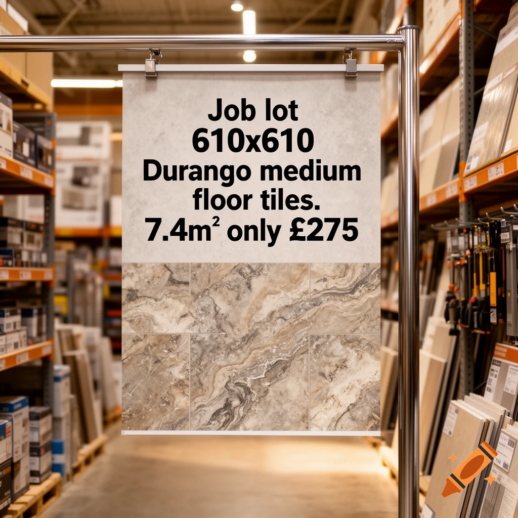 Photorealistic image of a 'Job lot Durango medium floor tiles' sale sign hanging in a blurred retail store aisle.