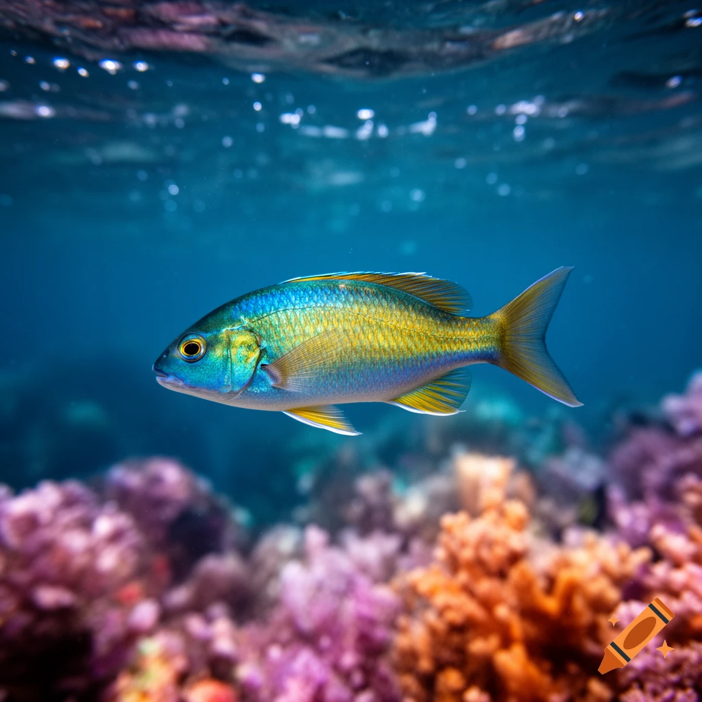 A vibrant blue and yellow fish swims over colorful coral in a clear blue ocean, with sunlight dappling the surface.
