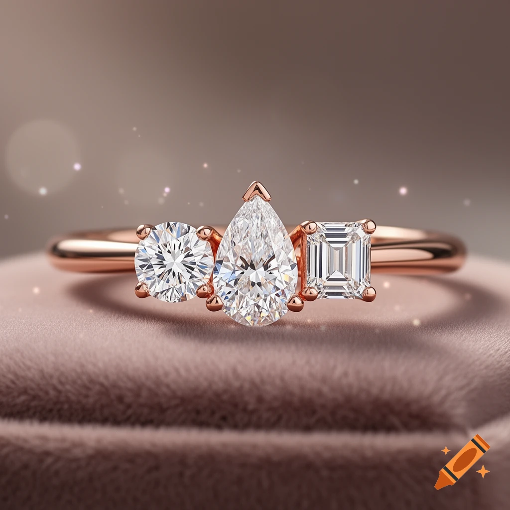 A close-up of a rose gold engagement ring with round, pear, and emerald-cut diamonds on a pink velvet surface.
