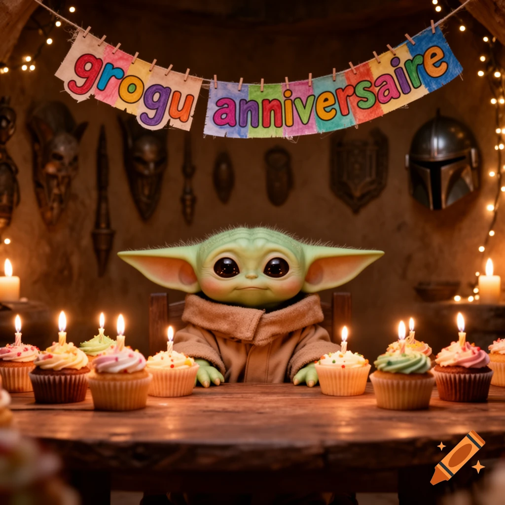 Grogu sits at a wooden table with many lit cupcakes and a 'grogu anniversaire' banner in a dimly lit room decorated with Mandalorian gear.