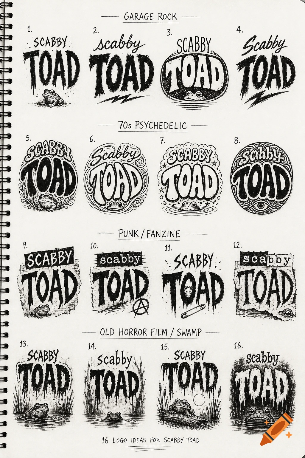 A sketch page featuring 16 hand-drawn logo ideas for 'SCABBY TOAD' in styles like garage rock, psychedelic, punk, and horror swamp.
