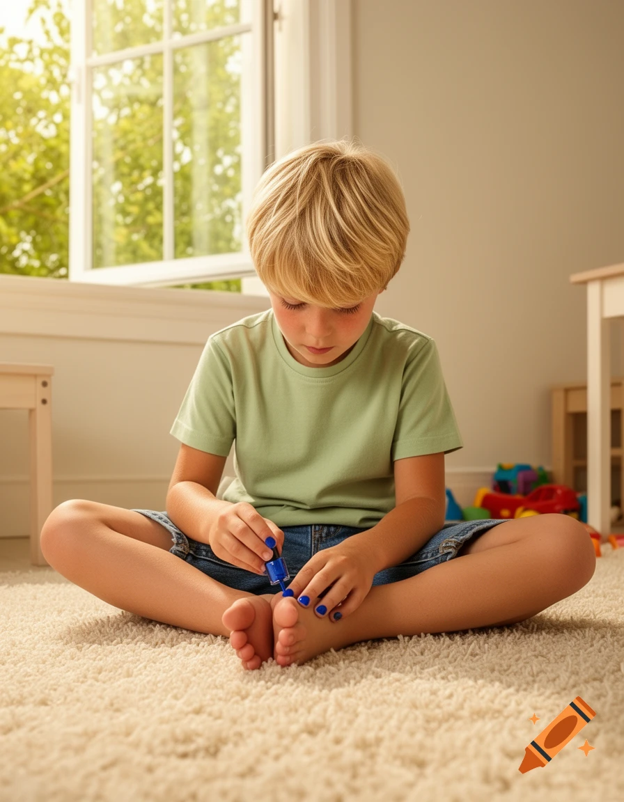 A blonde boy sitting on a rug painting his toenails with blue nail polish, looking down intently.