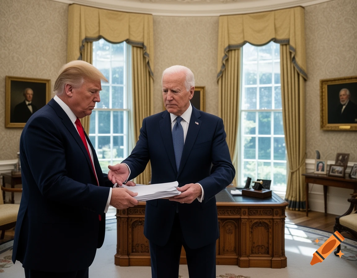 Donald Trump in a suit and red tie hands a stack of papers to Joe Biden in a suit and blue tie in a richly decorated office.