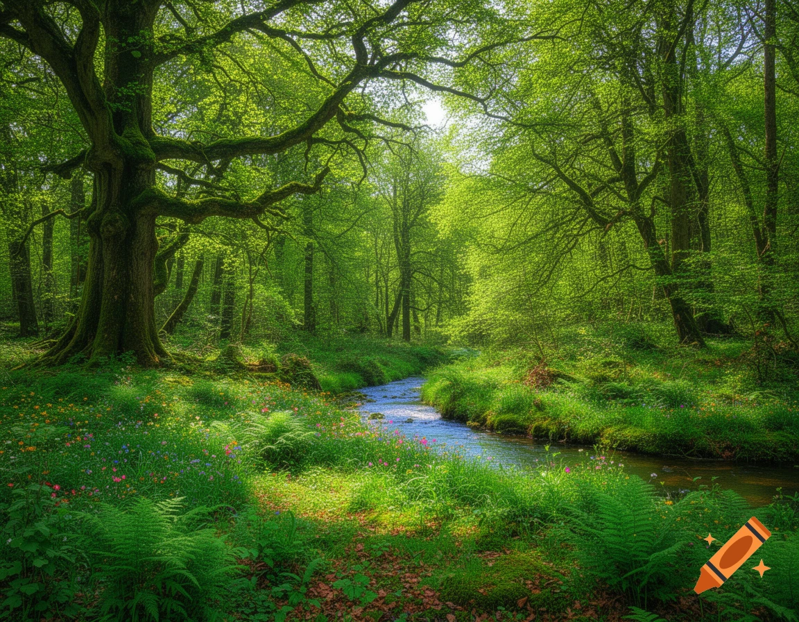 A vibrant, lush green forest with a winding stream, wildflowers, and dappled sunlight filtering through the trees, photorealistic.
