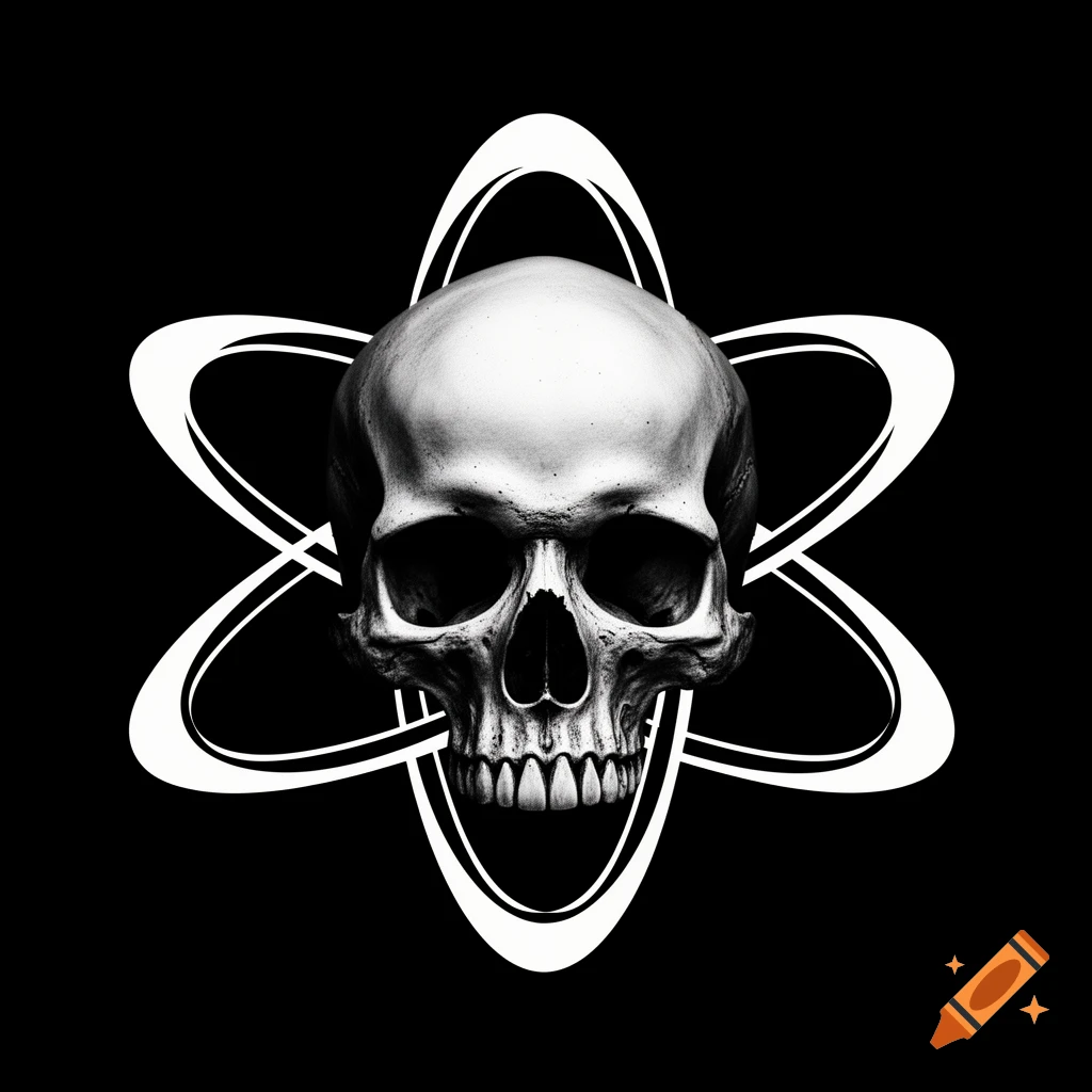 Black and white illustration of a human skull centered within a stylized atomic symbol on a black background.