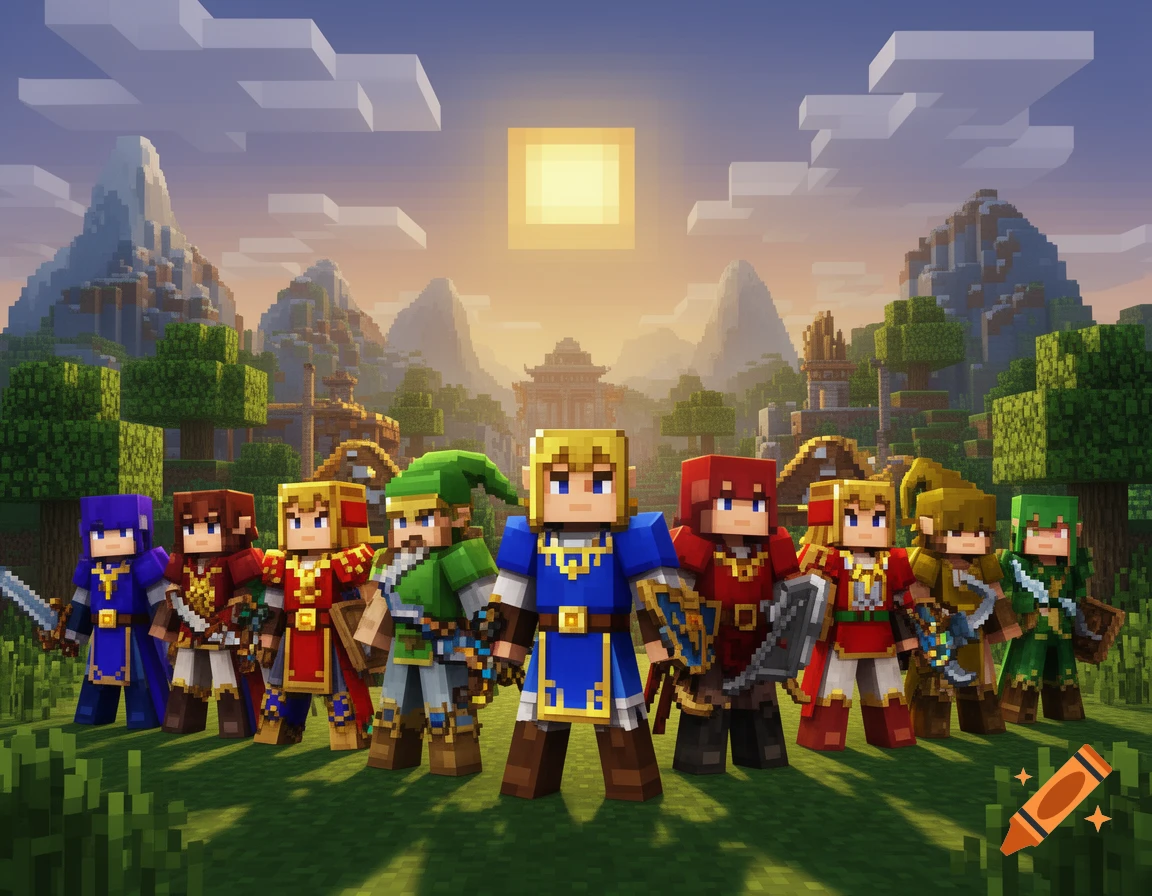 A group of blocky, stylized warriors in Minecraft skins stand in a grassy landscape with mountains and structures under a sunset.