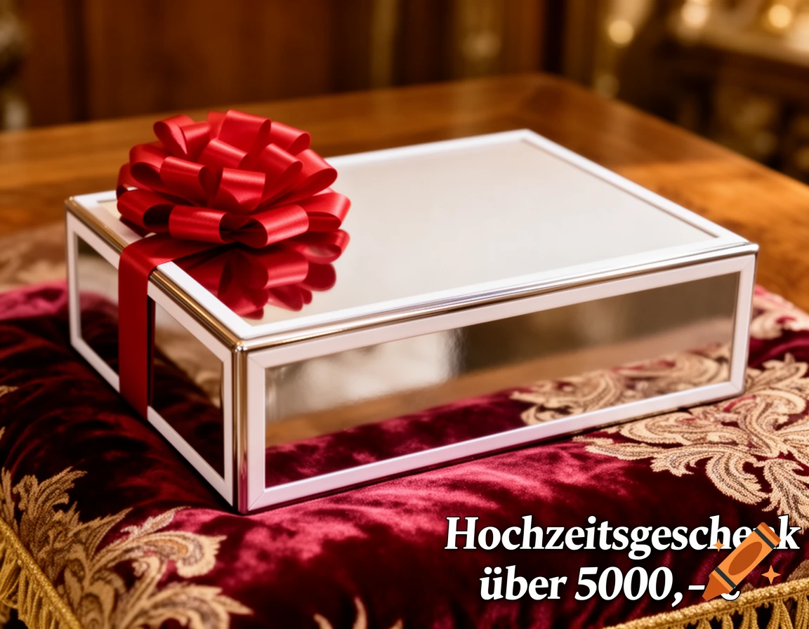 A luxurious mirrored gift box with a red bow, resting on a red velvet cushion, with German text about a wedding gift.