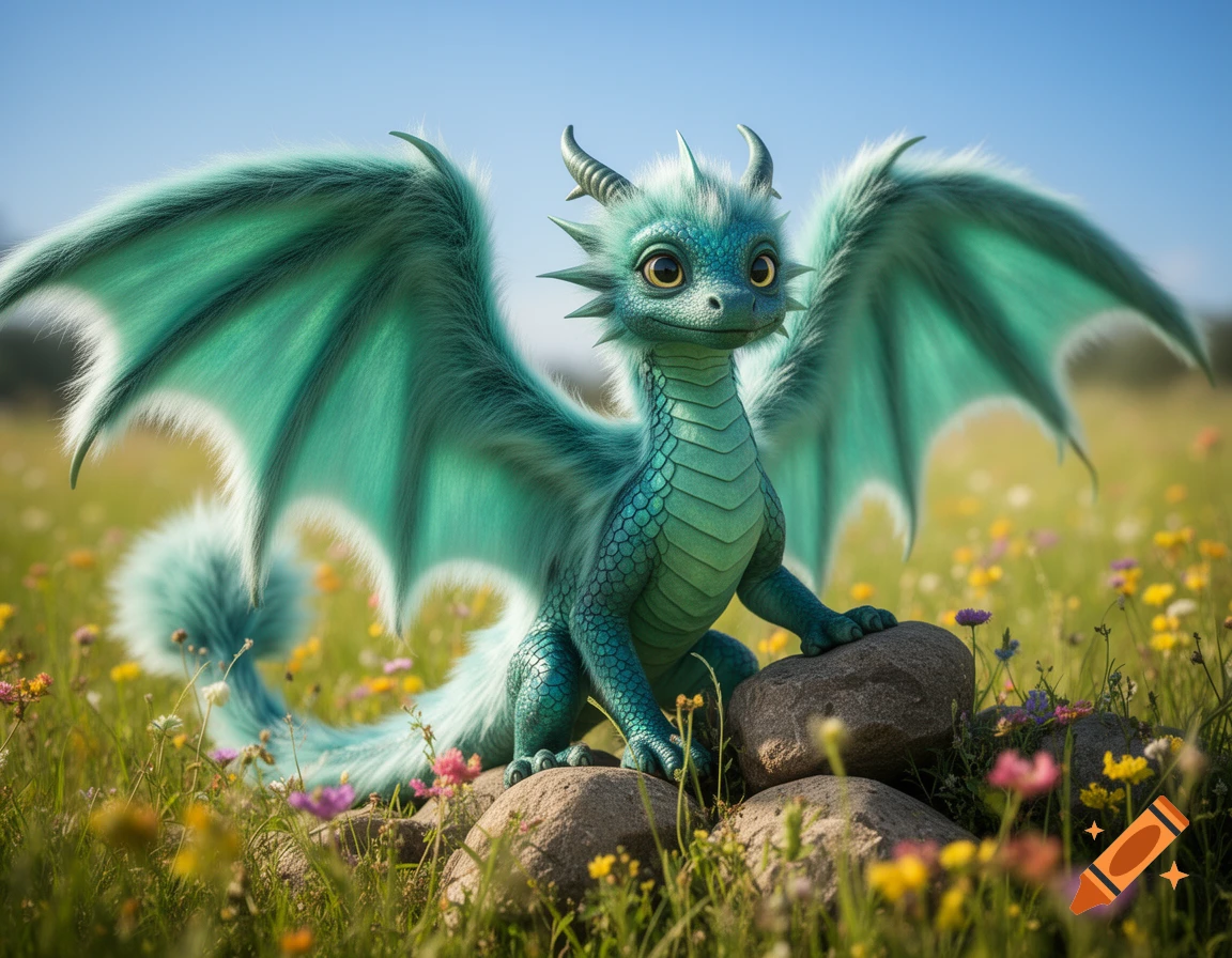 A cute, fluffy blue-green baby dragon with large wings sits on rocks in a sunny field of colorful wildflowers.