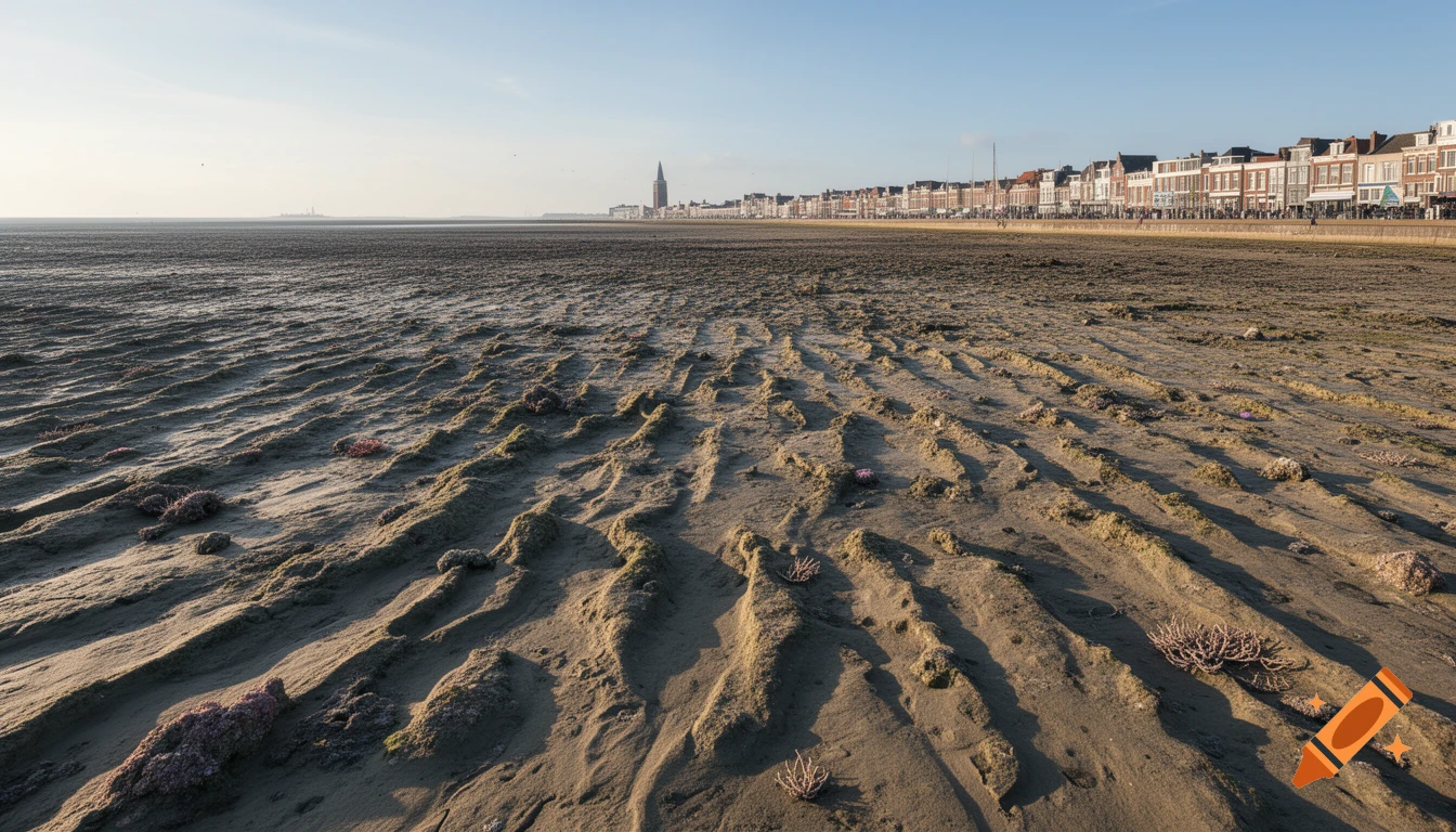 A wide, textured tidal flat stretches towards a distant city skyline featuring a tall church spire under a clear sky, photorealistic.