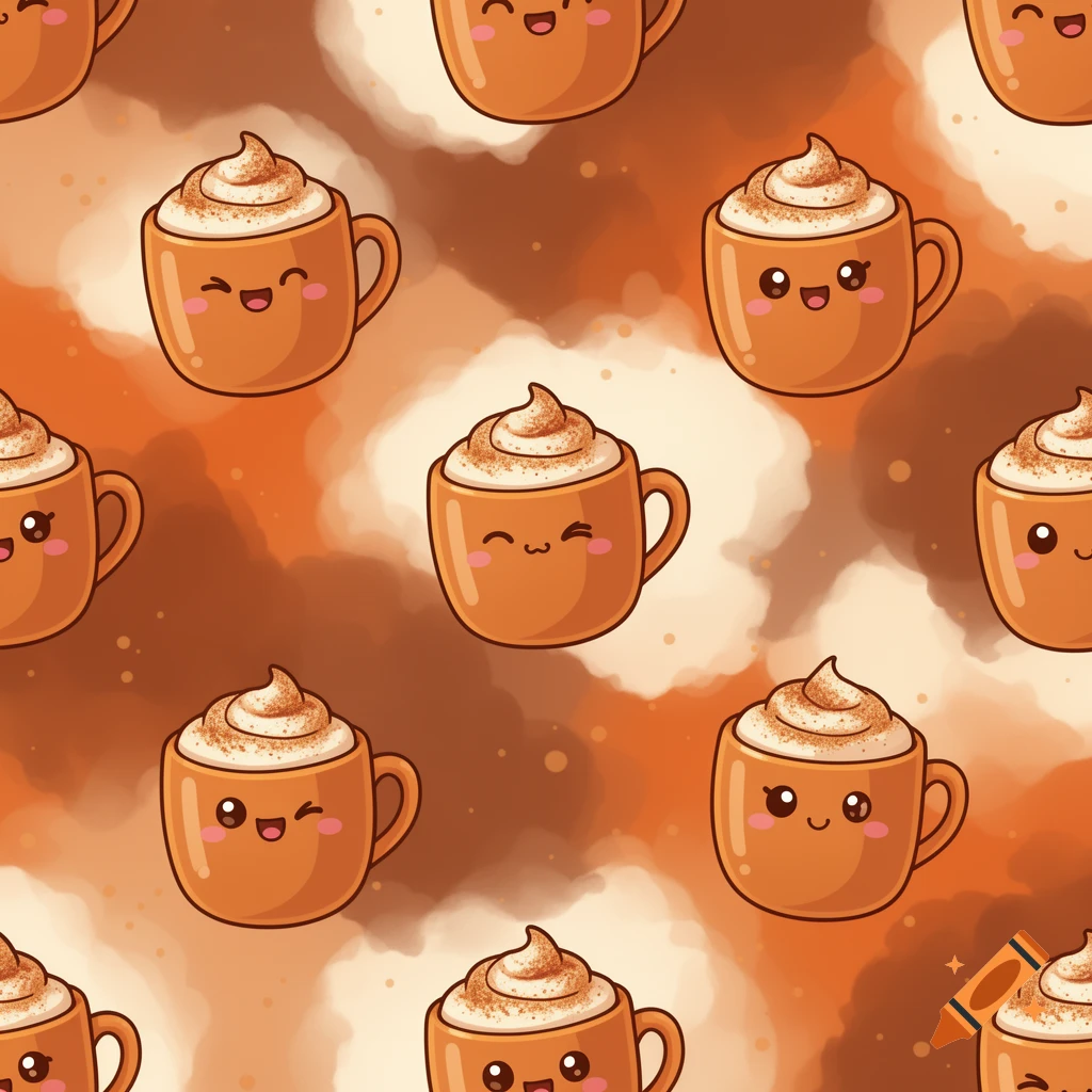Seamless pattern of cute Kawaii pumpkin spice latte mugs with whipped cream against an orange and brown background.