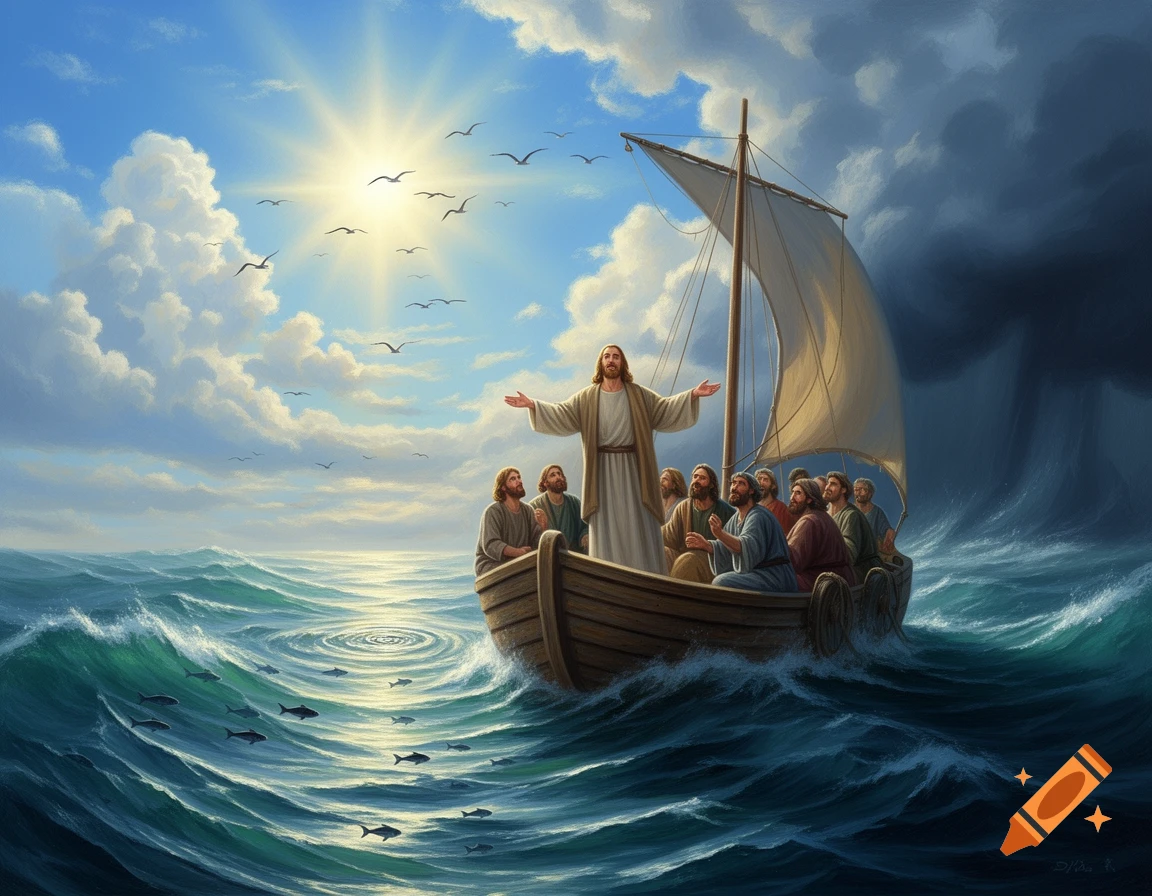 A painted depiction of Jesus standing in a boat with disciples, calming a stormy sea under a dramatic sky with sun and dark clouds.