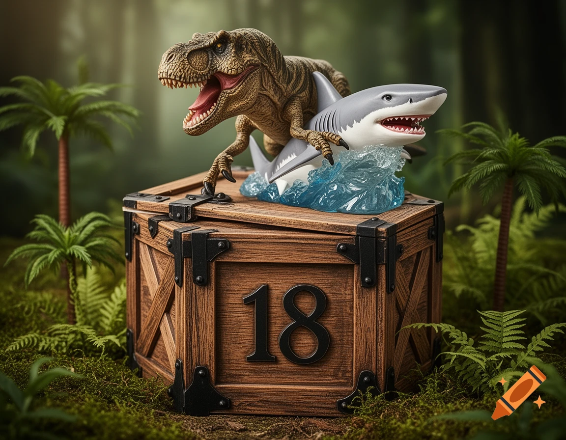Photorealistic diorama of a T-Rex and a shark on a wooden crate with '18' in a jungle setting.