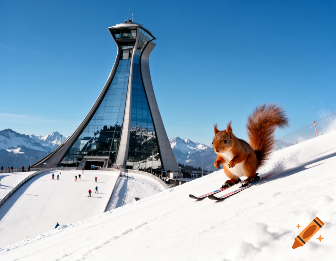 A red squirrel skis down a snowy slope past a modern glass ski jump tower and mountains under a blue sky.