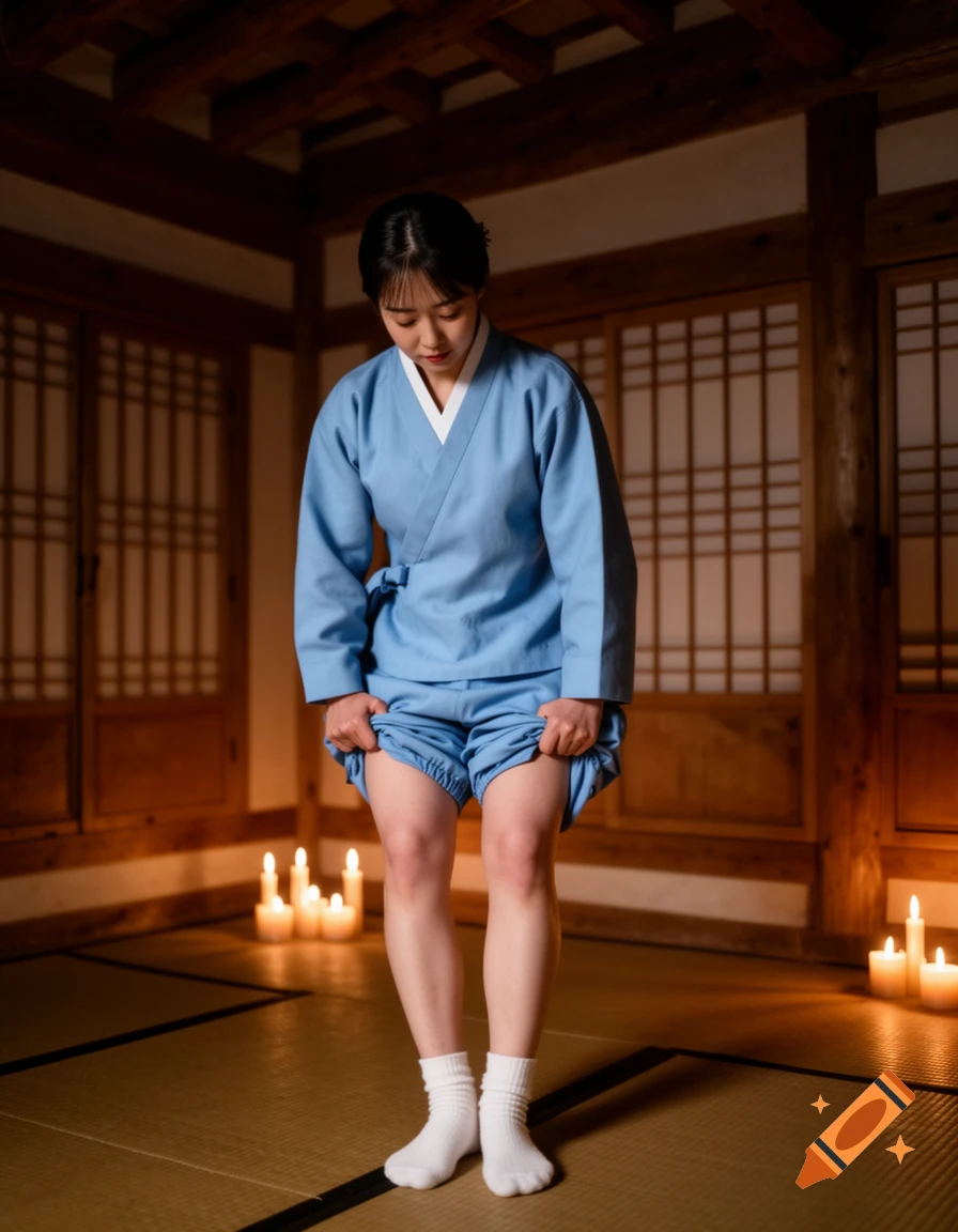 A woman in a light blue hanbok pulls up her pants, revealing her calves, in a dimly lit hanok room with candles.