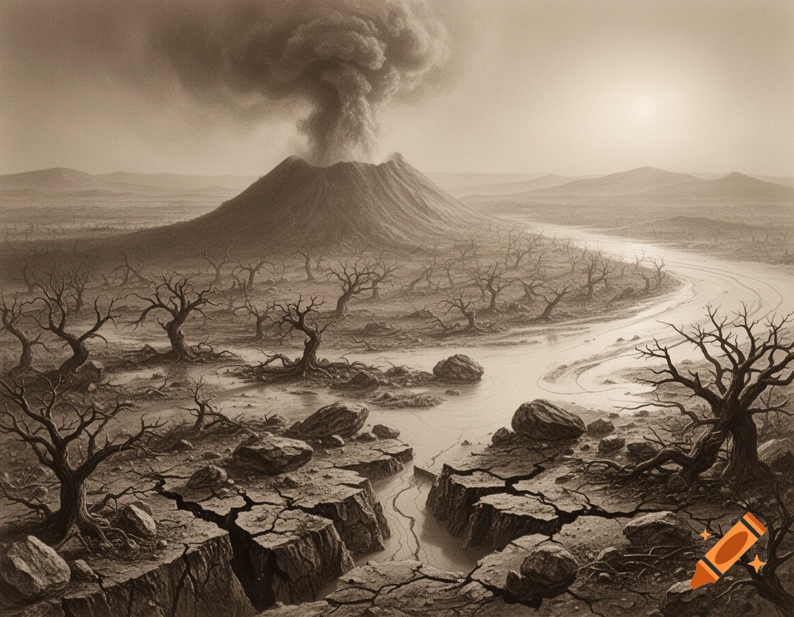 A sepia-toned landscape with an erupting volcano, cracked earth, dry riverbed, and skeletal trees under a hazy sun.