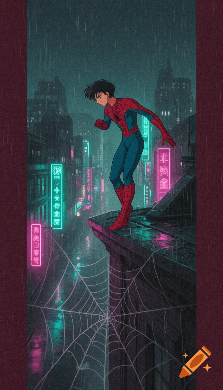 A young man in a red and blue spider-themed suit stands on a rainy rooftop overlooking a neon city in an anime style.