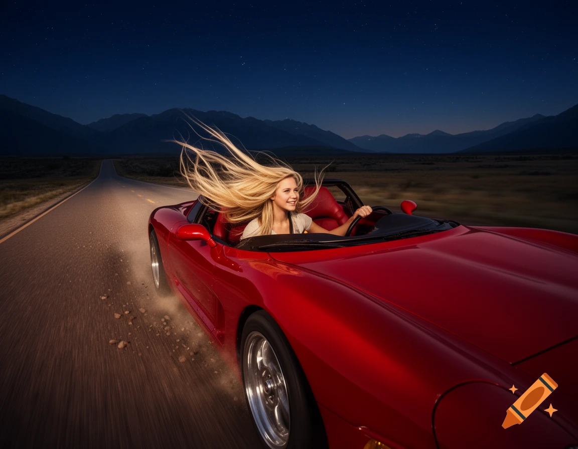 Blonde woman driving a red convertible fast on a highway at night, her hair blowing in the wind, photorealistic.