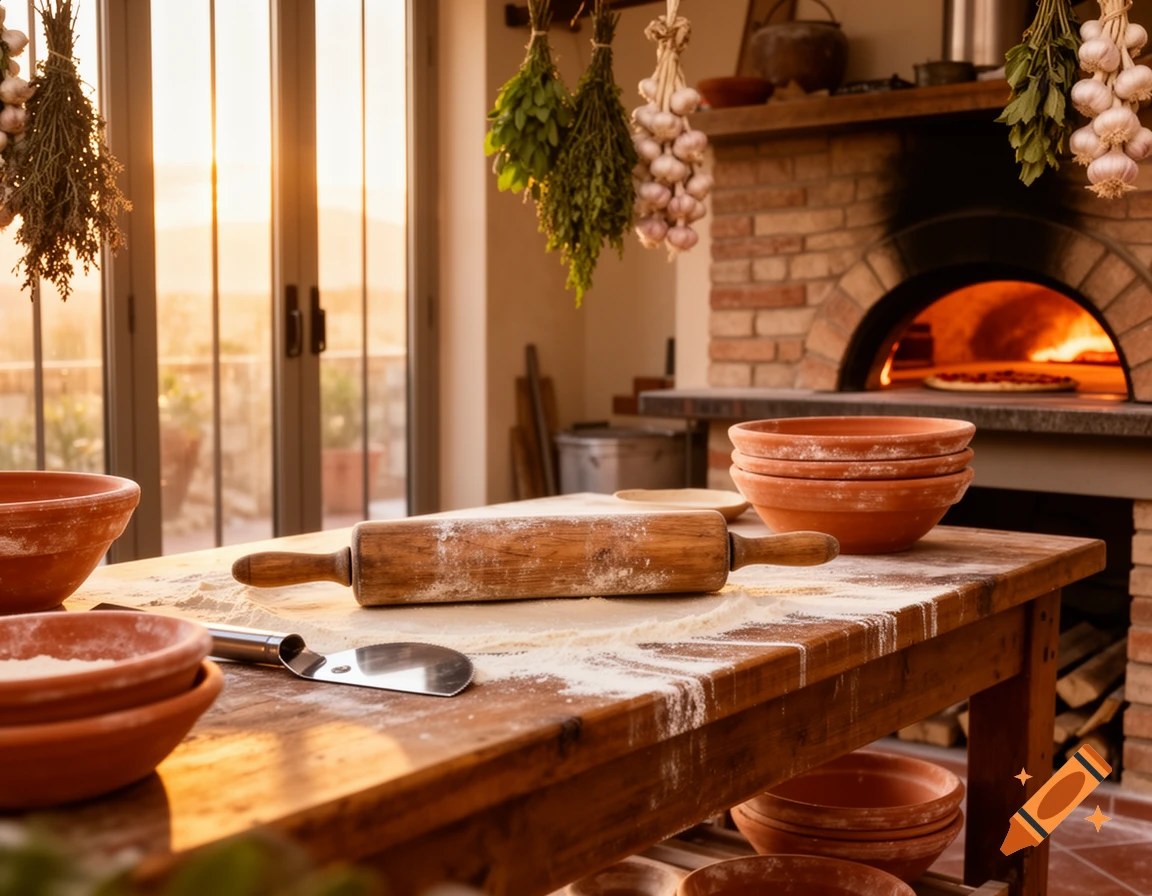 Rustic pizzaiolo's workshop with a flour-dusted wooden table, rolling pin, terracotta bowls, and a wood-fired pizza oven.
