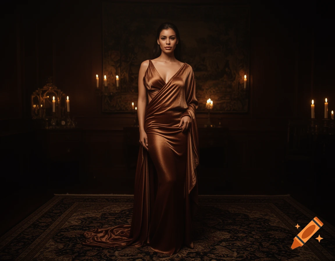 A woman in a flowing, shiny bronze dress stands in a dimly lit, luxurious room with candles and a patterned rug, photorealistic.