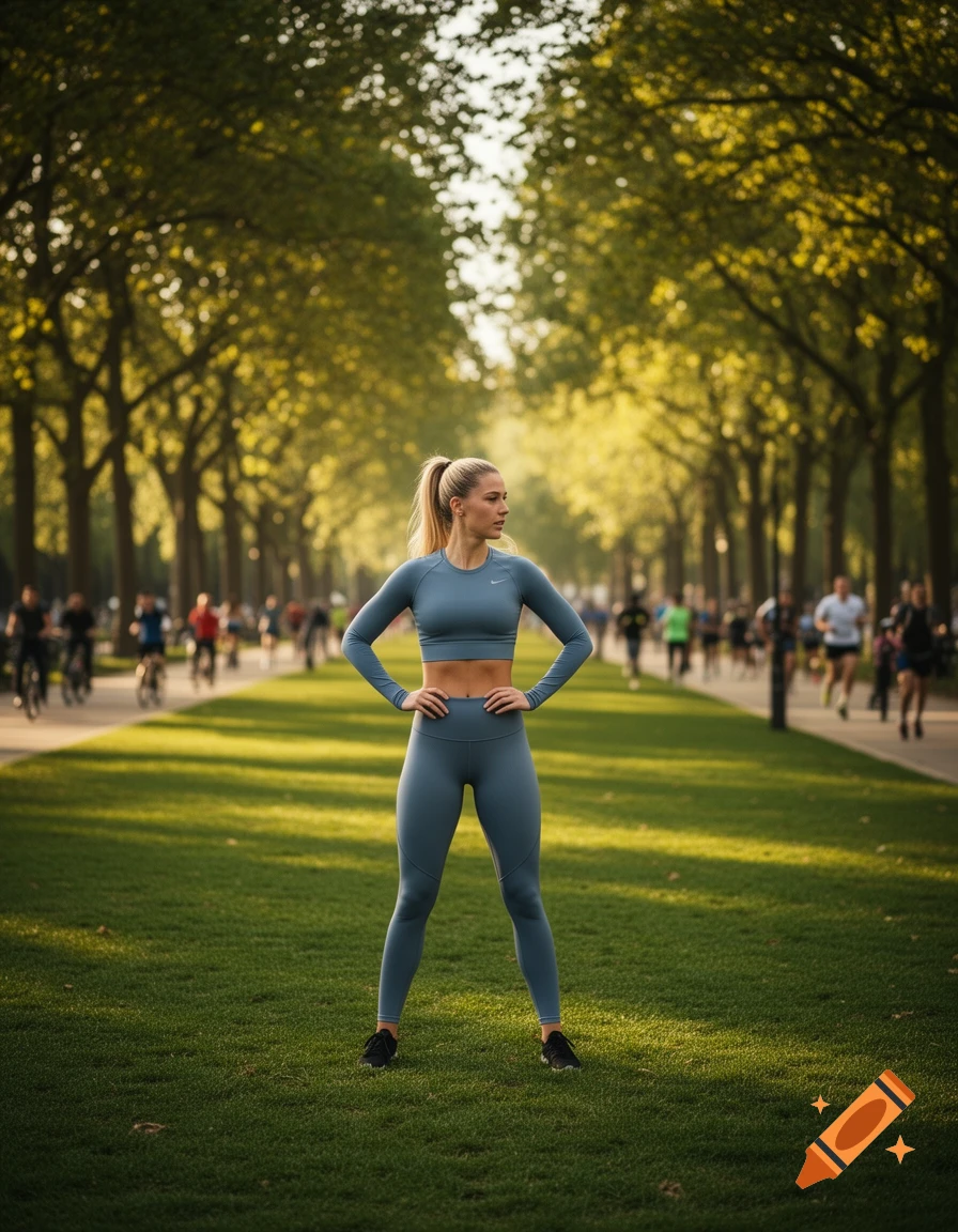 A woman in a blue sports top and leggings stands with hands on hips on a grassy path in a park.