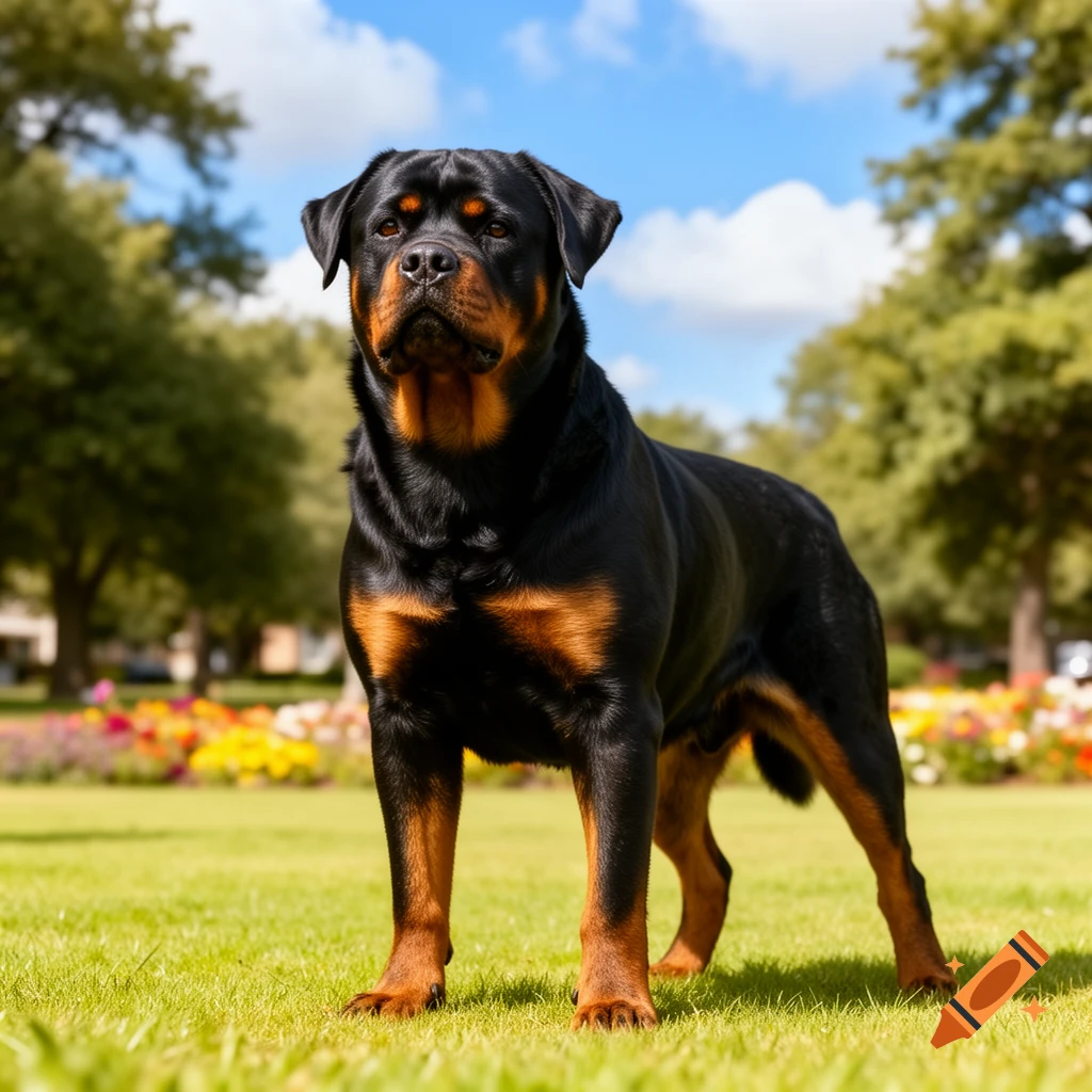 A majestic black and tan Rottweiler stands on green grass in a sunlit park with trees and colorful flowers.