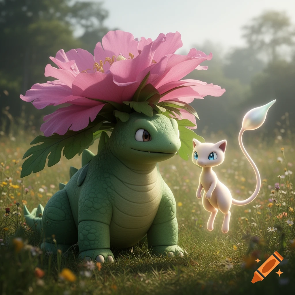 A realistically rendered Venusaur with a large pink flower on its back stands next to a floating Mew in a vibrant grassy field.