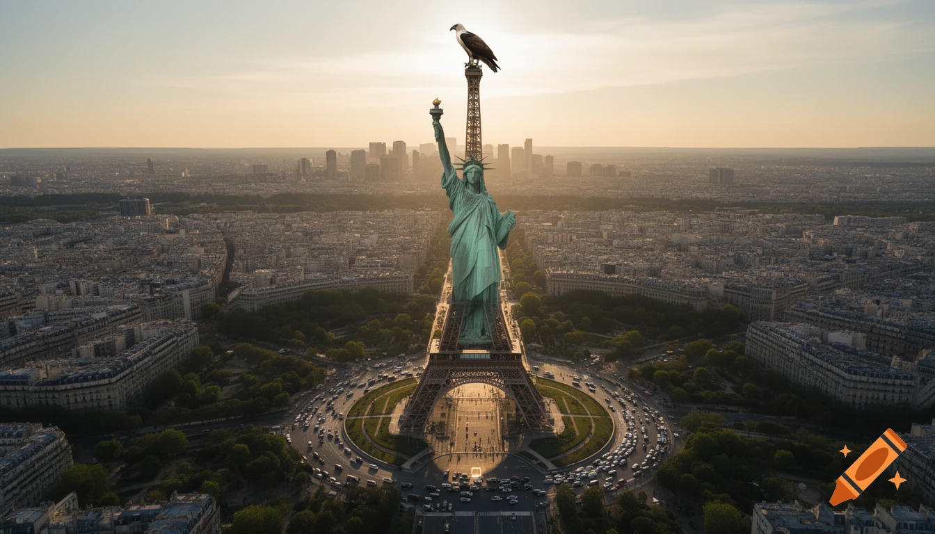 Aerial view of the Statue of Liberty merged with the Eiffel Tower, an eagle on top, overlooking a city with circular traffic at sunset.