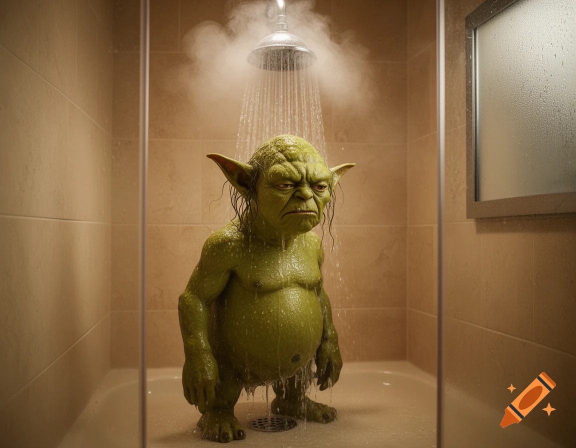 A grumpy green goblin-like creature with large ears stands under a steaming shower head, water cascading over its body.