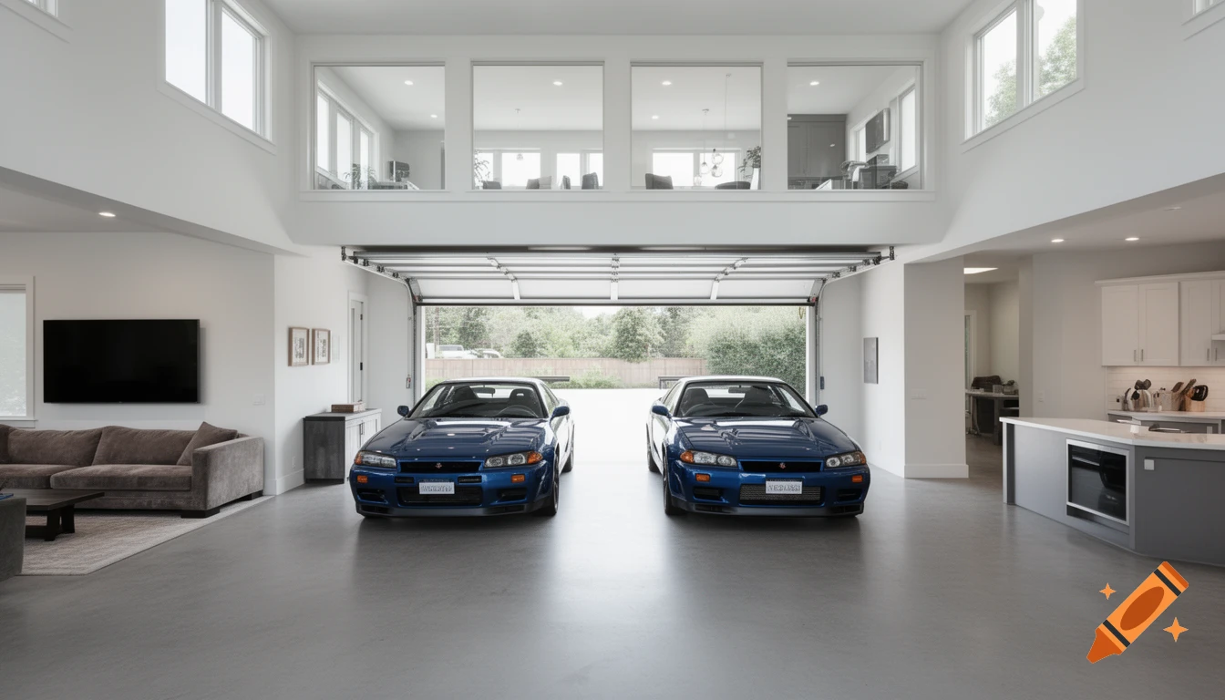 Two blue sports cars parked in a spacious, modern garage integrated with a living area and kitchen, garage door open to trees.