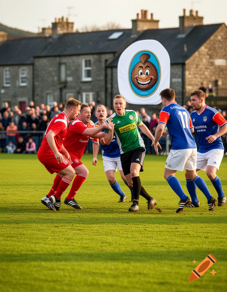 A photorealistic image of a men's football match with players in red, green, and blue jerseys on a green field. A large banner with a smiling coconut character hangs in the background above houses. Spectators are visible behind a fence.