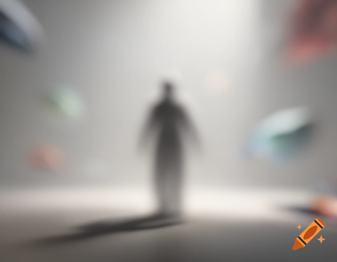 A blurry, ethereal figure stands centered in a bright spotlight, surrounded by soft, colorful abstract blurs.