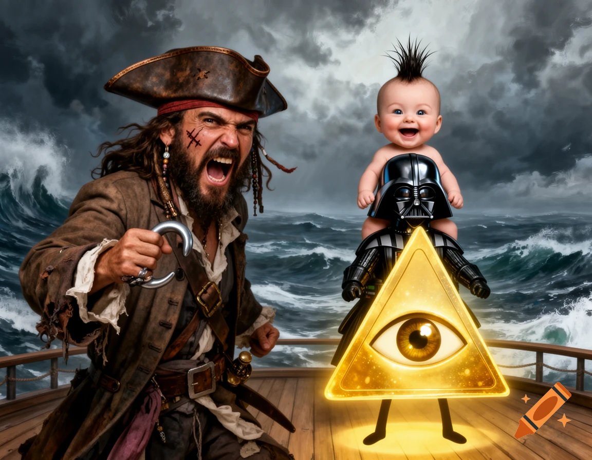 A yelling pirate on a ship, facing a smiling baby with a mohawk riding a Darth Vader figure, who is riding a glowing, leggy Bill Cipher-like triangle on a stormy sea.