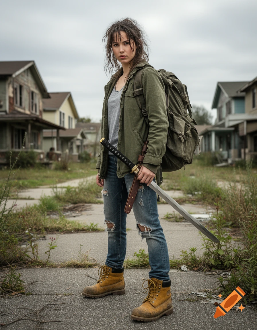 A disheveled young woman with a backpack, wearing a green jacket, ripped jeans, and boots, stands in an abandoned suburb, holding a samurai sword.