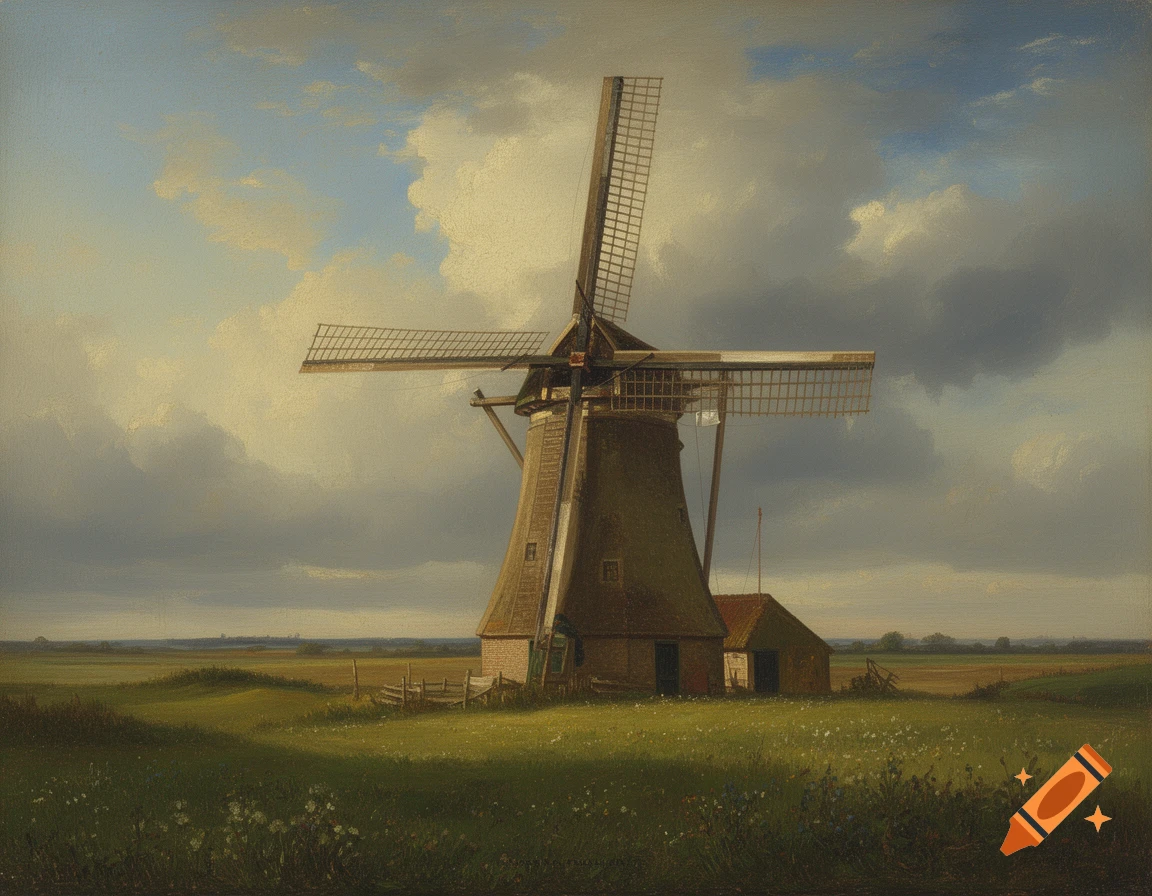 A classic style painting of a Dutch windmill with four large sails, nestled next to a small building in a green, grassy field under a cloudy sky.