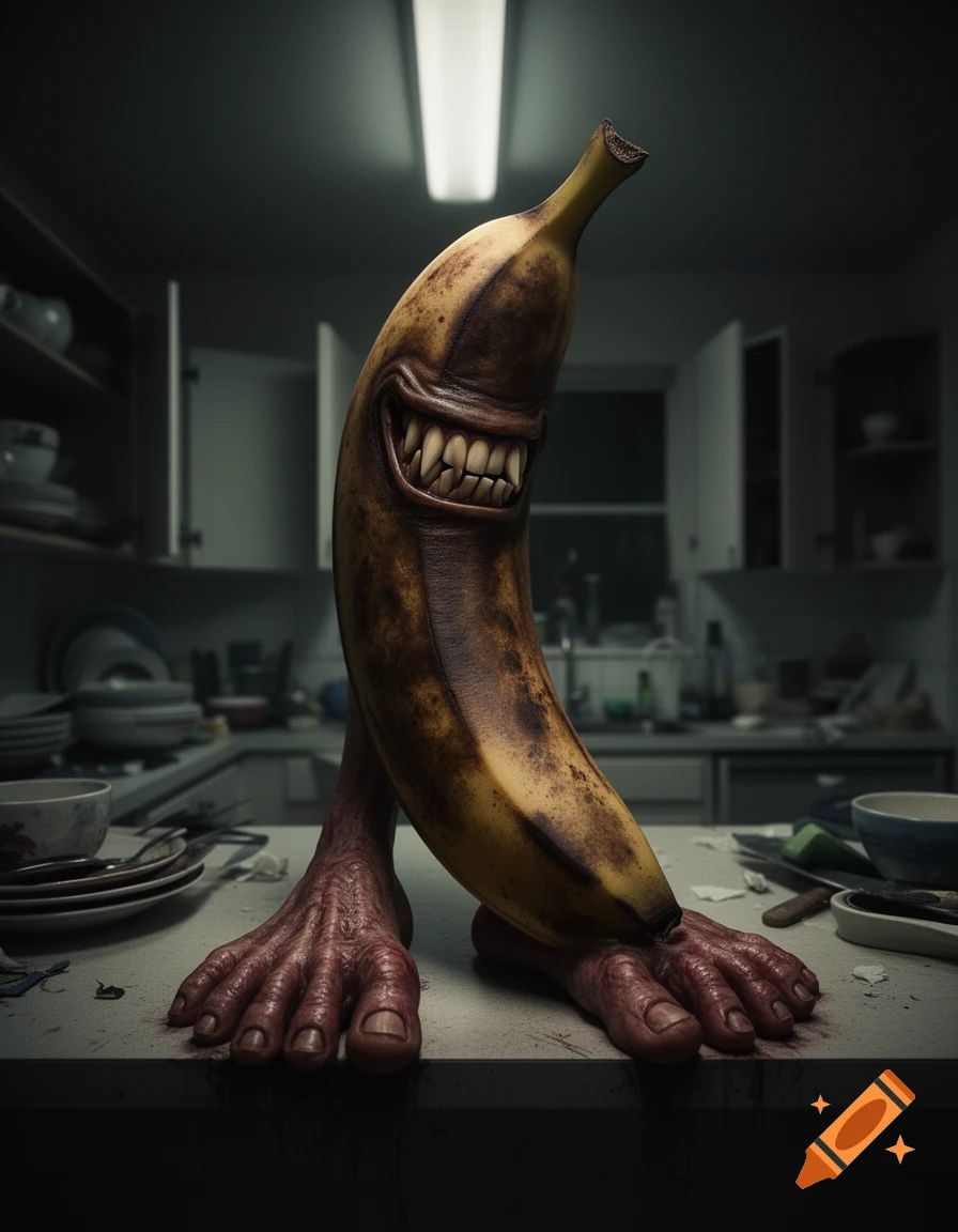 A creepy, old banana with sharp teeth and veiny human feet stands on a cluttered kitchen counter in a dimly lit room.
