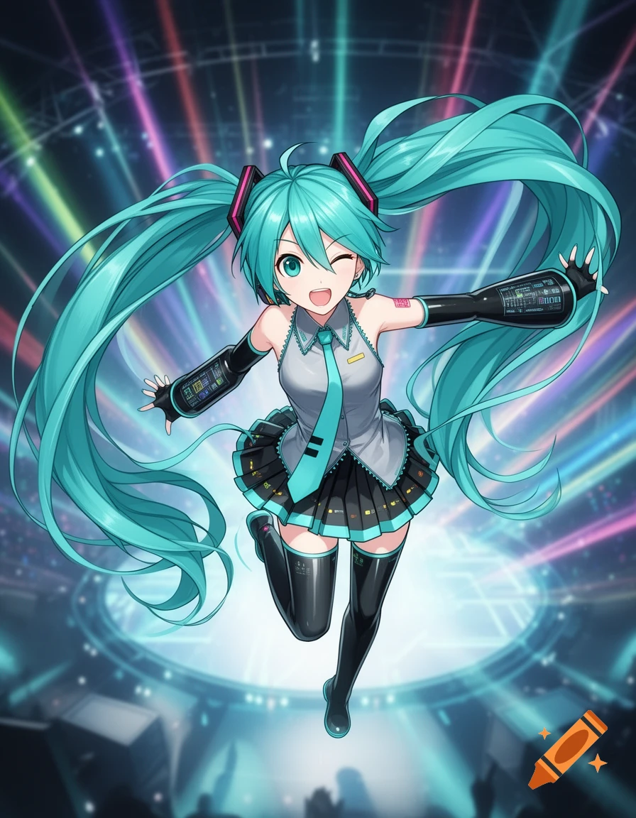 Hatsune Miku, with long turquoise pigtails, winks and smiles while running in a dynamic pose on a vibrant stage with colorful lights.
