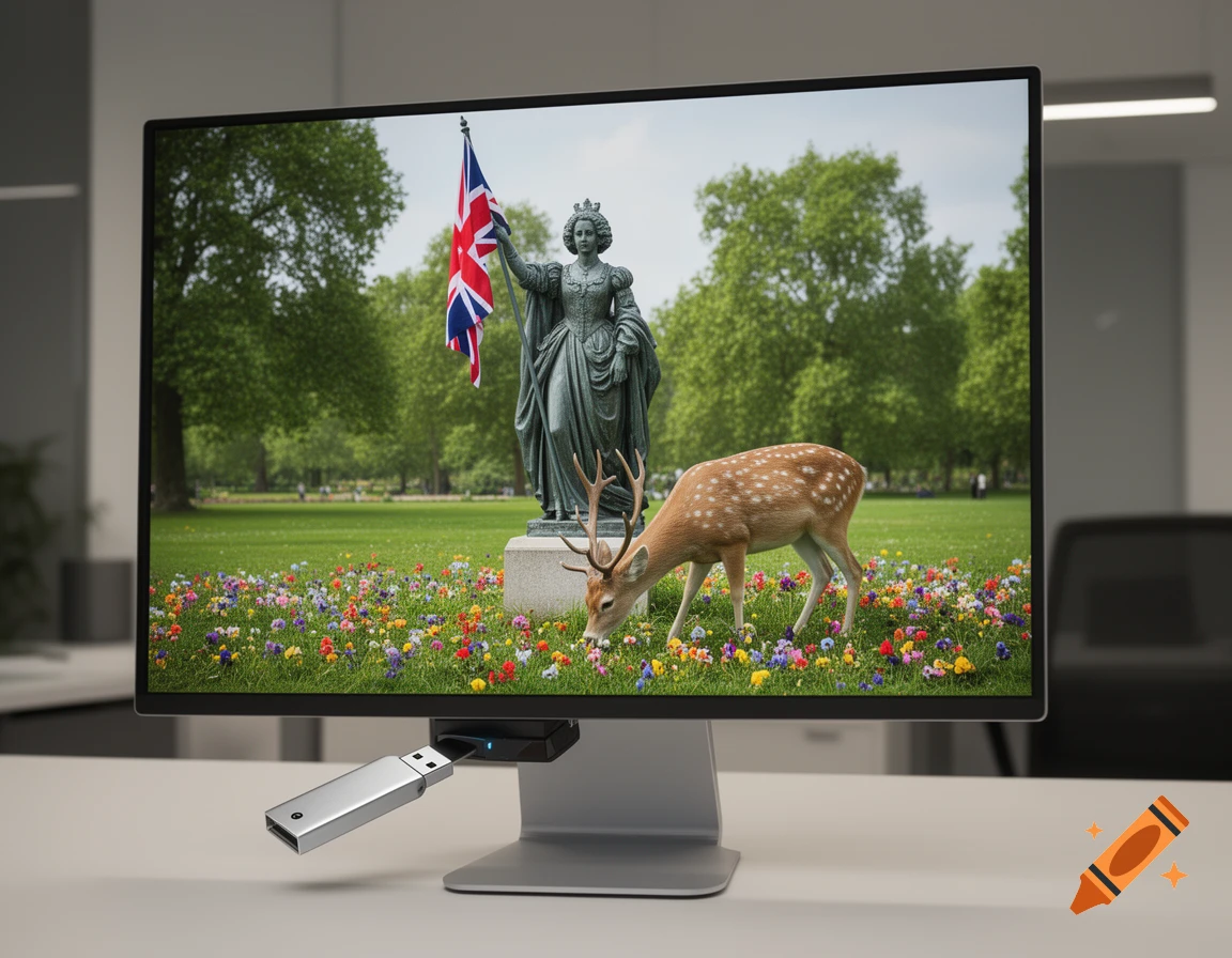Photorealistic scene of a computer monitor showing a statue of a queen holding a British flag, a deer, and wildflowers in a park, with a USB stick.