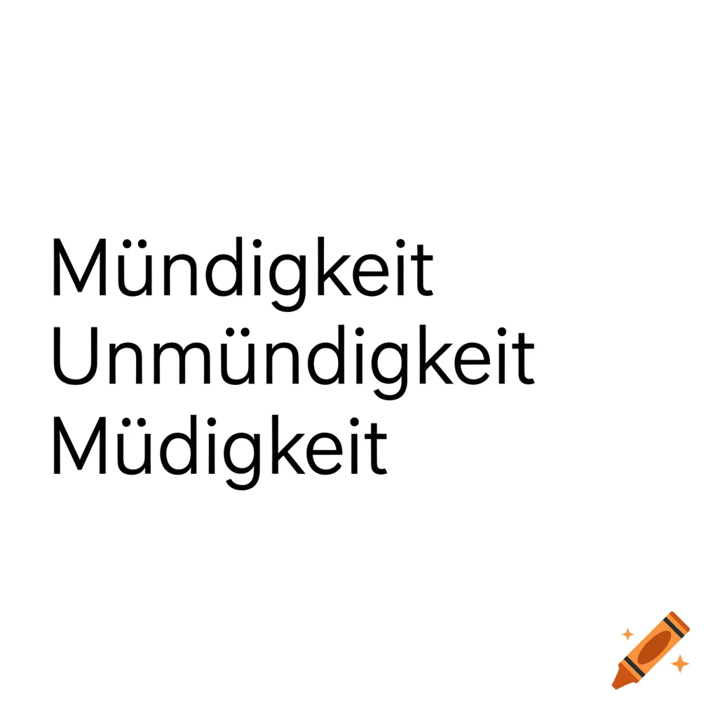 Black German words "Mündigkeit", "Unmündigkeit", "Müdigkeit" are stacked on a white background.
