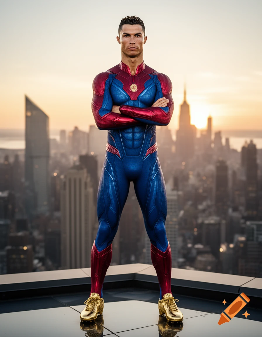 Photorealistic Cristiano Ronaldo in a red and blue superhero suit and gold shoes, arms crossed on a city rooftop at sunset.